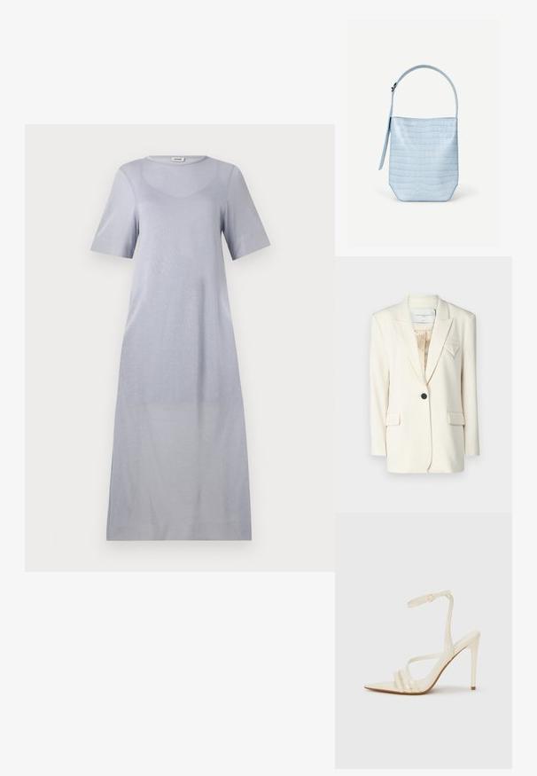 Blazer ivoire au design structuré, avec un seul bouton noir, des revers en pointe et deux poches avant. Accent géométrique subtil sur la poitrine.; Robe mi-longue à manches courtes de couleur gris clair, confectionnée dans un tissu doux avec une texture lisse et un col rond, présentant une coupe décontractée.; Sandales à talons hauts beiges avec un bout pointu, comportant trois brides à l'avant et une fine bride à la cheville avec une boucle. Texture lisse, design minimaliste.; Sac à main bleu clair avec texture crocodile, forme rectangulaire, poignée unique en haut et une bandoulière latérale suspendue sur un fond blanc uni.