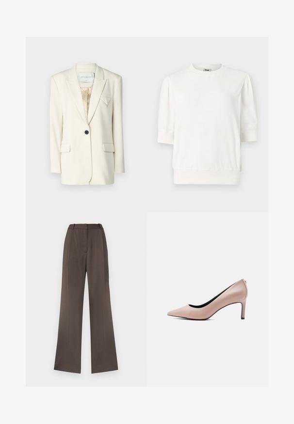 Blazer de marfil con un diseño estructurado, que presenta un botón negro único, solapas de muesca y dos bolsillos frontales. Sutil acento geométrico en el pecho.; Top pulóver blanco de manga corta con escote redondeado, mangas fruncidas y cintura ajustada. Fabricado en tejido suave.; Pantalones de pierna ancha en una tela marrón sólida, con una textura suave, lazos para cinturón, pliegue frontal y sin bolsillos visibles.; Zapato de tacón alto beige con punta estrecha y tacón de aguja delgado sobre un fondo blanco liso.