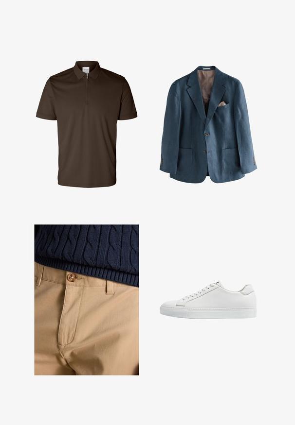 Blå linnedblazer med hakket revers, to forlommer og en brystlomme. Brune knapper og en kontrasterende beige inderside.; Mørkebrun polo med korte ærmer, krave og halv lynlås foran, vist på hvid baggrund.; Nærbillede af beige bukser med knaplukning kombineret med navyblå kabelstrikket sweaterkant.; Hvide lædersneakers med en glat overflade, rund tå, flad hvid gummisål og hvide snørebånd. Minimalistisk design med diskret syninger.