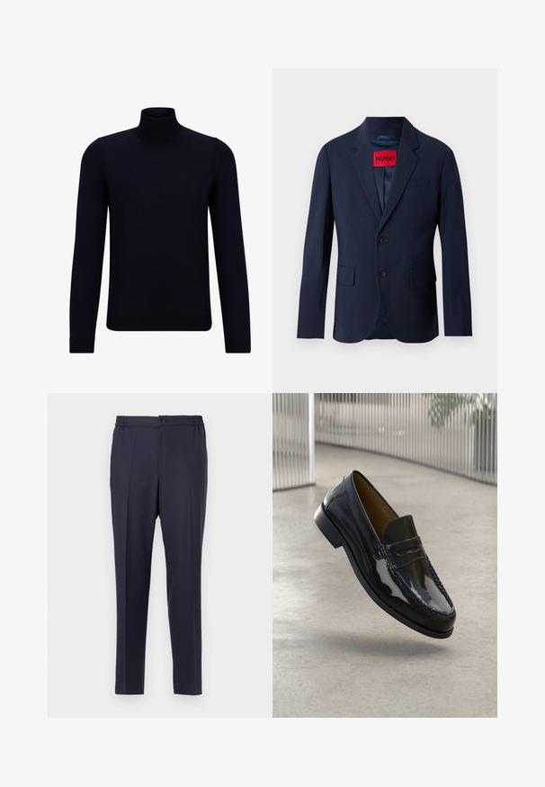 Blazer azul marino con dos botones, solapas de muesca, bolsillos delanteros y etiqueta de marca roja en el interior. Tejido suave con un ajuste entallado.; Suéter de cuello alto de un oscuro color navy, hecho de un tejido de punto fino, con mangas largas y un escote alto ajustado. Sin patrones ni acentos visibles.; Pantalones azul marino con frente plano, cintura elástica y cierre de botón. Corte recto y textura suave, adecuados para uso formal o casual.; Mocasín de charol negro con un acento de costura, punta redonda, tacón bajo y superficie suave, exhibido sobre un fondo neutro.