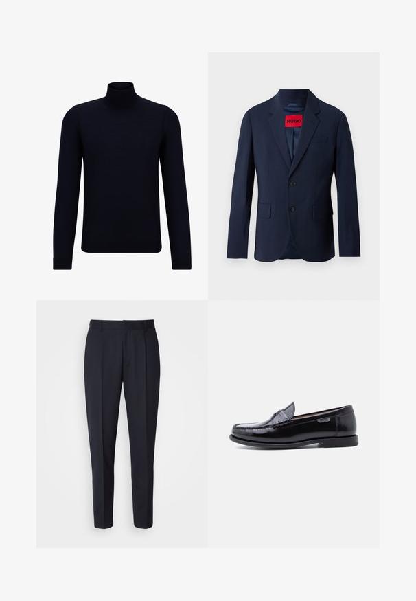 Marineblå blazer med to knapper, notch revers, frontlommer og rød mærke indeni. Glat stof med en skræddersyet pasform.; Mørkeblå turtleneck sweater lavet af fint strikstof, med lange ærmer og en tætsiddende, høj halsudskæring. Ingen synlige mønstre eller detaljer.; BOSS PERIN - Bukser - navy; Sorte læderloafer med en blank finish, der har et syet mønster på tåen og en lav, tekstureret sort gummisål.