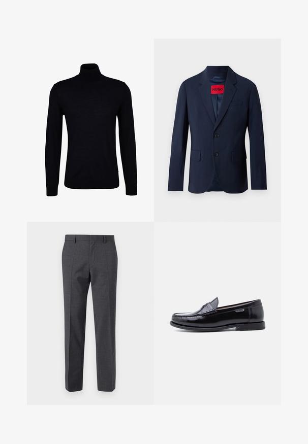 Marineblå blazer med to knapper, notch revers, frontlommer og rød mærke indeni. Glat stof med en skræddersyet pasform.; Sort turtleneck sweater i glat strikstof. Har lange ærmer, en tætsiddende hals og ribbede manchetter og kant for en tætsiddende pasform.; Grå skræddersyede bukser med en tekstureret finish, flad front og lige ben design. Har sidelommer og bælteløkker.; Sorte læderloafer med en blank finish, der har et syet mønster på tåen og en lav, tekstureret sort gummisål.