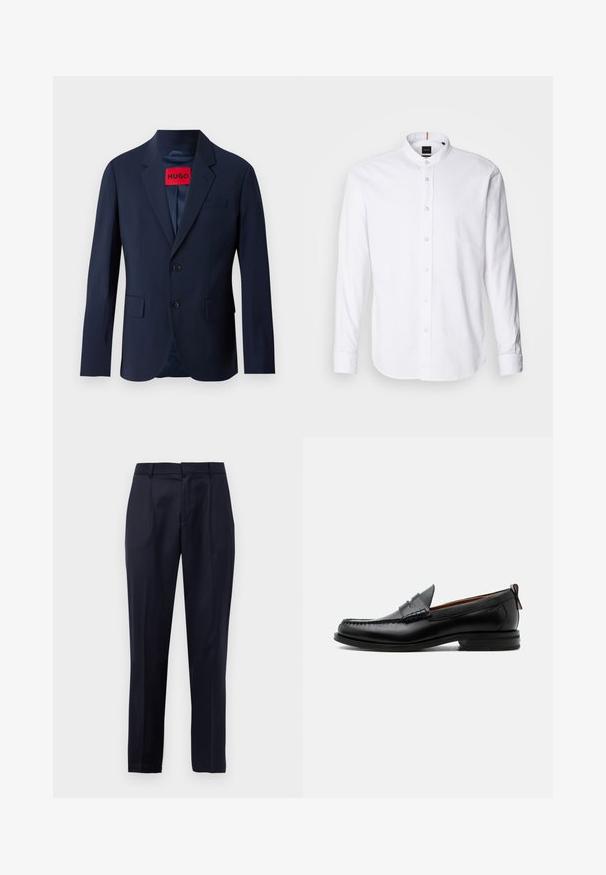 Marineblauer Blazer mit zwei Knöpfen, Reverskragen, Fronttaschen und rotem Markenetikett im Inneren. Glattes Gewebe mit taillierter Passform.; Weißes langärmliges Hemd mit Stehkragen, Knopfleiste und abgerundetem Saum. Aus Baumwolle gefertigt, mit einer glatten Textur und dezentem Glanz.; Navyblaue maßgeschneiderte Anzughose mit Frontfalten, Gürtelschlaufen und konischem Beinansatz vor einem weißen Hintergrund.; Schwarzer Leder-Herrenschuh mit Mokassinnaht, Penny-Riemen, strukturiertem Kragen und niedrigem gestapeltem Absatz auf weißem Hintergrund.