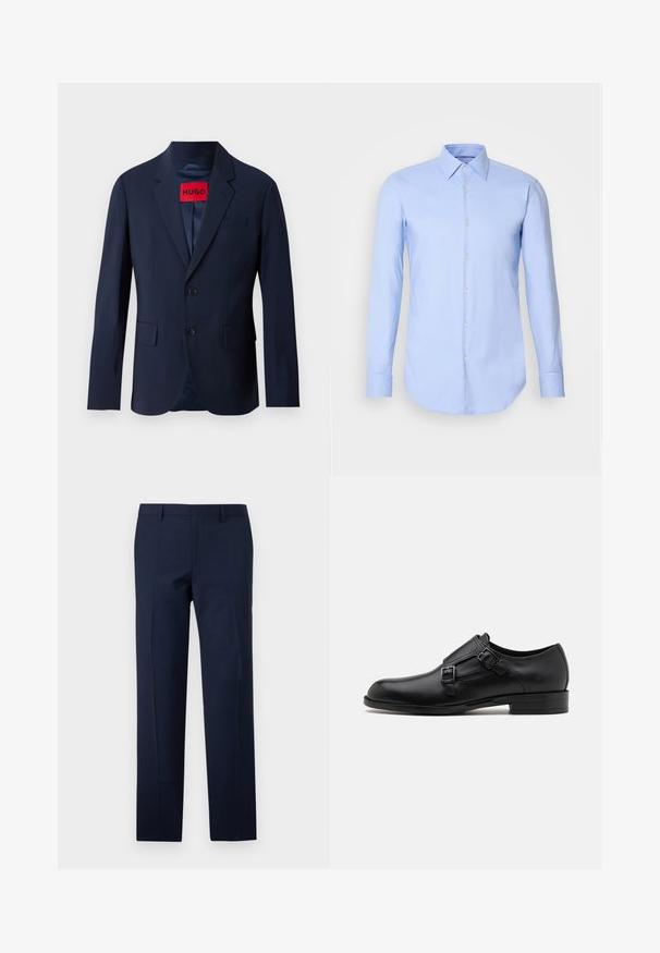 Blazer azul marino con dos botones, solapas de muesca, bolsillos delanteros y etiqueta de marca roja en el interior. Tejido suave con un ajuste entallado.; Camisa de manga larga azul claro hecha de algodón, con un frente de botones, cuello y dobladillo redondeado. Textura suave sin patrones.; Pantalones azul marino con un corte entallado, que presentan una textura suave, pliegues marcados y un diseño de frente plano. Cierre de cremallera oculta.; Zapato de vestir de cuero negro con doble hebilla, silueta elegante y punta redonda. Cuenta con un tacón bajo y una textura suave.
