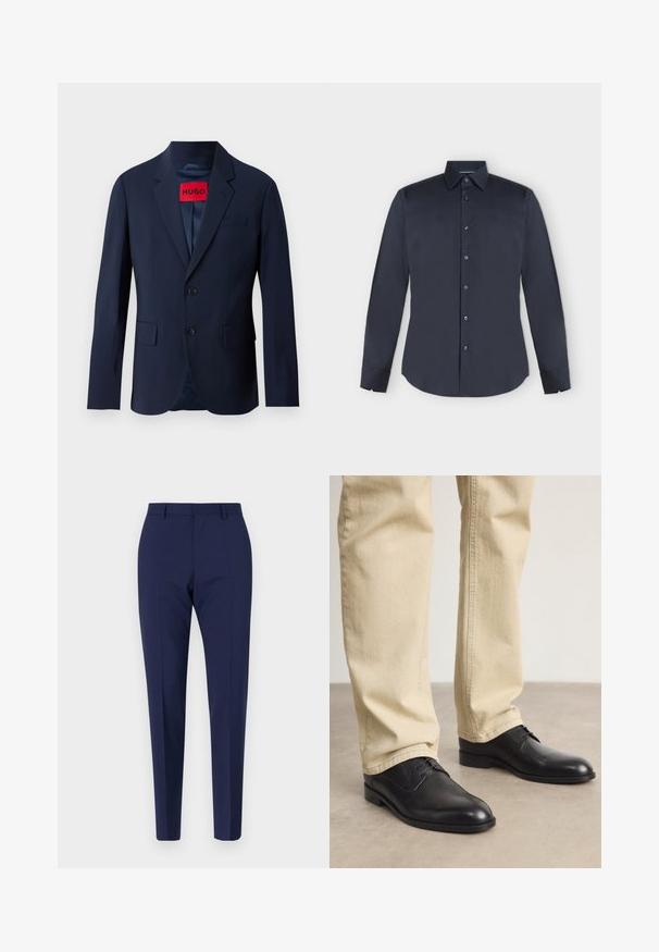 Marineblauer Blazer mit zwei Knöpfen, Reverskragen, Fronttaschen und rotem Markenetikett im Inneren. Glattes Gewebe mit taillierter Passform.; Dunkelblaues Herrenhemd mit langen Ärmeln, Knopfleiste, spitzem Kragen und geknöpften Manschetten auf hellgrauem Hintergrund.; Marineblau maßgeschneiderte Hose mit schlanker Passform, die eine glatte Textur, einen flachen Vorderteil und gepolsterte Beine aufweist. Keine sichtbaren Taschen oder Verzierungen.; Schwarze Leder Schnürschuhe mit runder Zehenform, glatter Oberfläche und dezenten Nähdetails, getragen mit hellbeigen Hosen.