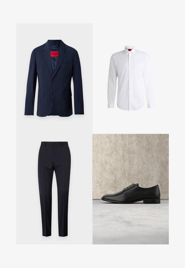 Marineblauer Blazer mit zwei Knöpfen, Reverskragen, Fronttaschen und rotem Markenetikett im Inneren. Glattes Gewebe mit taillierter Passform.; Weißes Herrenhemd aus glattem Stoff mit klassischem Kragen, langen Ärmeln und abgerundetem Saum. Mit eleganten beigen Knöpfen an der Vorderseite.; Marineblaue maßgeschneiderte Hosen, mit flachem Frontschnitt, slim fit, mit Gürtelschlaufen und Seitentaschen. Glattes Material mit einem klaren Finish, ohne sichtbare Muster oder Akzente.; Schwarze Leder-Halbschuh mit schlankem Design, runder Zehenform, fünf Ösen für die Schnürsenkel und einem kleinen, erhöhten Absatz. Dezentes, geprägtes Logodetail.