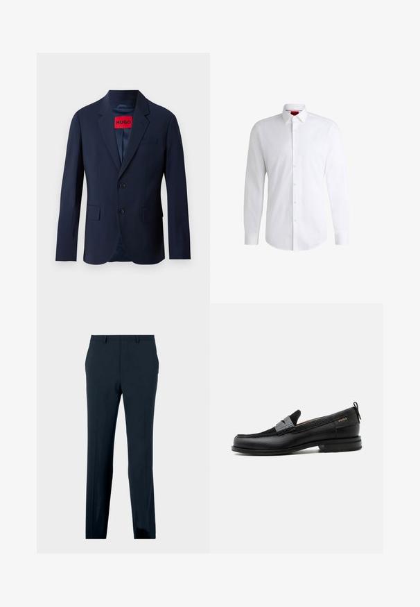 Marineblå blazer med to knapper, notch revers, frontlommer og rød mærke indeni. Glat stof med en skræddersyet pasform.; Hvid skjorte med knapper lavet af glat stof med klassisk krave, lange ærmer og rundet kant. Har beige knapper foran.; Marineblå formelle bukser med bæltestropper, forlommer og lige ben, præsenteret på en neutral baggrund.; Sort læderloafer med grå remdetalje, lav hæl og tekstureret sål, mærket med "HUGO" i guld på siden.