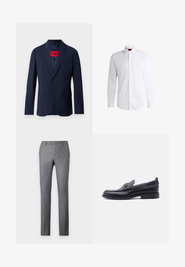 Marineblauwe blazer met twee knopen, notch revers, voorzakken en een rood merklabel aan de binnenkant. Gladde stof met een getailleerde pasvorm.; Witte overhemden van soepel materiaal met een klassieke kraag, lange mouwen en een afgeronde zoom. Voorzien van beige knopen aan de voorkant.; Grijze pinstriped broek gemaakt van textuurstof, met een klassiek ontwerp, rechte pasvorm en twee voorke pockets.; Zwarte leren loafer met grijze, gestructureerde vamp, zilveren metalen gesp, lage hak en trekkoord aan de achterkant.