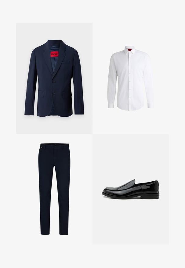 Marineblå blazer med to knapper, notch revers, frontlommer og rød mærke indeni. Glat stof med en skræddersyet pasform.; Hvid skjorte med knapper lavet af glat stof med klassisk krave, lange ærmer og rundet kant. Har beige knapper foran.; Marinebukser lavet af glat stof, med en slim fit, bæltestropper og en skjult lynlås. Ingen bemærkelsesværdige mønstre eller accenter.; Sort blankt læder slip-on selskabssko med lav hæl og rundet tå set fra siden på hvid baggrund.