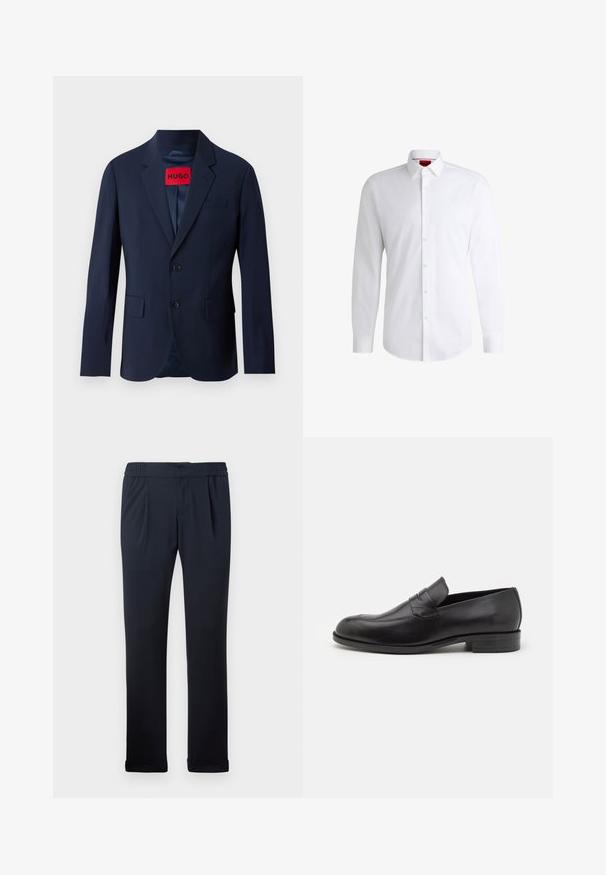 Marineblauwe blazer met twee knopen, notch revers, voorzakken en een rood merklabel aan de binnenkant. Gladde stof met een getailleerde pasvorm.; Witte overhemden van soepel materiaal met een klassieke kraag, lange mouwen en een afgeronde zoom. Voorzien van beige knopen aan de voorkant.; Marineblauwe broek gemaakt van zachte stof, met een elastische tailleband, plooien aan de voorkant en cuffs aan de onderkant. Glad oppervlak, minimalistisch ontwerp.; Zwarte leren instappers met een ronde neus en subtiele stiksels. Gladde textuur en lage hak met branding op de achterkant.