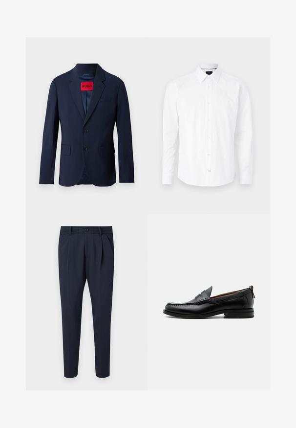 Marineblauer Blazer mit zwei Knöpfen, Reverskragen, Fronttaschen und rotem Markenetikett im Inneren. Glattes Gewebe mit taillierter Passform.; Weißes Langarmhemd aus Baumwolle. Verfügt über einen Button-Down-Kragen, eine Vorderknopfleiste mit rosa Knöpfen und einen abgerundeten Saum.; Hose aus glattem Stoff in Marineblau, mit Falten, einem Reißverschluss und Knopfverschluss, seitlichen Taschen und einem schmalen Beindesign.; Schwarzer Leder-Herrenschuh mit Mokassinnaht, Penny-Riemen, strukturiertem Kragen und niedrigem gestapeltem Absatz auf weißem Hintergrund.