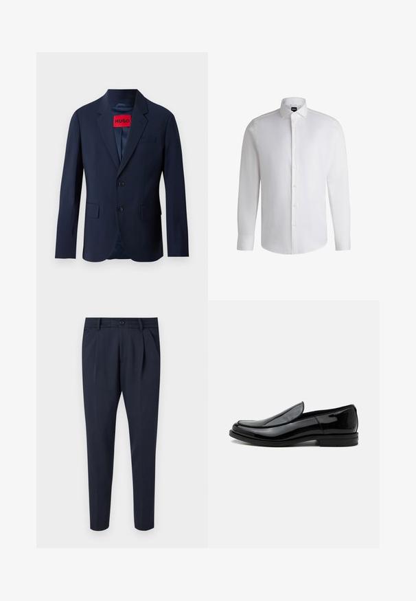 Blazer bleu marine avec deux boutons, revers en pointe, poches avant et étiquette de marque rouge à l'intérieur. Tissu lisse avec une coupe ajustée.; Chemise blanche à manches longues en coton lisse, dotée d'un col classique, d'une patte de boutonnage complète et de poignets à bouton. Design minimaliste.; Pantalon marine en tissu lisse, doté de plis, d'une fermeture éclair et d'un bouton, avec des poches latérales et une coupe fuselée.; Chaussure de ville noire en cuir brillant à enfiler, avec talon bas et bout arrondi, vue de côté sur fond blanc uni.