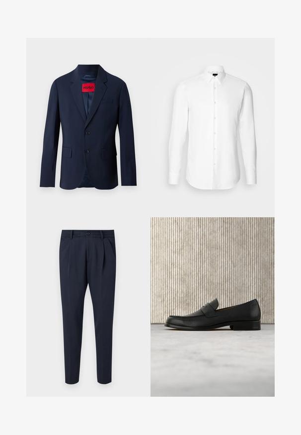 Marineblauer Blazer mit zwei Knöpfen, Reverskragen, Fronttaschen und rotem Markenetikett im Inneren. Glattes Gewebe mit taillierter Passform.; Weißes Langarmhemd, vorne mit Knöpfen, klassischer Kragen, aus glattem Stoff mit feiner Textur, für eine figurnahe Passform entworfen.; Hose aus glattem Stoff in Marineblau, mit Falten, einem Reißverschluss und Knopfverschluss, seitlichen Taschen und einem schmalen Beindesign.; Schwarzer Leder-Slipper schwebt über einem beigen Teppich, im Hintergrund ein glänzender, runder brauner Tisch.