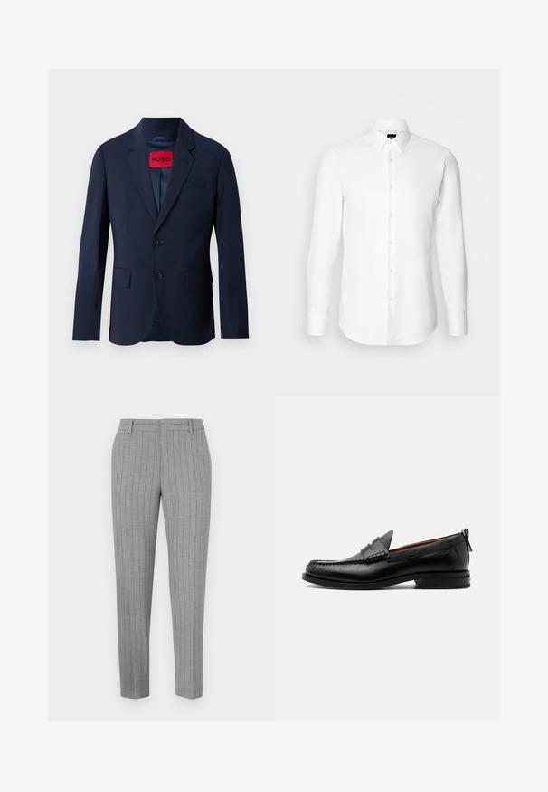 Marineblauwe blazer met twee knopen, notch revers, voorzakken en een rood merklabel aan de binnenkant. Gladde stof met een getailleerde pasvorm.; Witte blouse met lange mouwen, knoopsluiting aan de voorkant, klassieke kraag, gemaakt van gladde stof met een subtiele textuur, ontworpen voor een aansluitende pasvorm.; Grijze pantalon met krijtstreep, een elegante pasvorm, een vlak voorkant en zijzakken. Gemaakt van een gladde stof met een subtiele glans.; Zwarte leren herensloffen met moc toe stiksel, pennyriem, gestructureerde kraag en lage gestapelde hak op witte achtergrond.