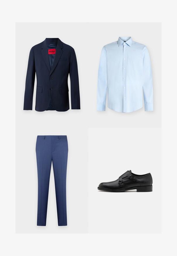 Blazer azul marino con dos botones, solapas de muesca, bolsillos delanteros y etiqueta de marca roja en el interior. Tejido suave con un ajuste entallado.; Camisa de vestir de hombre azul claro de manga larga con cierre de botones en la parte delantera y cuello puntiagudo, mostrada sobre un fondo blanco.; Pantalones de vestir para hombre en azul, ajustados, con trabillas para cinturón, cremallera en la parte delantera y detalles de plisado, exhibidos sobre un fondo blanco.; Zapato de vestir de cuero negro con doble hebilla, silueta elegante y punta redonda. Cuenta con un tacón bajo y una textura suave.