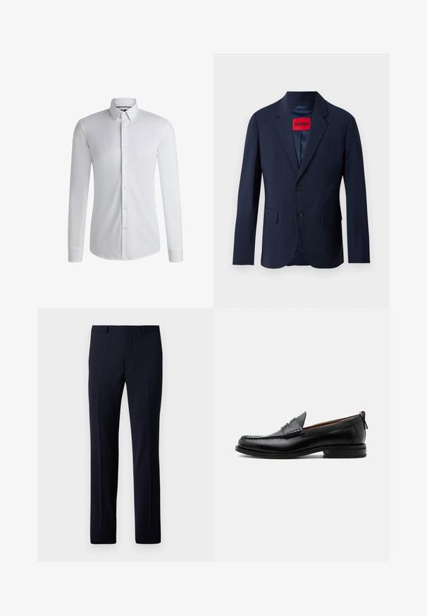 Blazer azul marino con dos botones, solapas de muesca, bolsillos delanteros y etiqueta de marca roja en el interior. Tejido suave con un ajuste entallado.; Camisa blanca de manga larga hecha de tejido suave, con un cuello abotonado y una fila de botones en la parte delantera. Diseño simple.; Pantalones a medida azul marino con corte recto, que cuentan con dos pliegues frontales y una textura suave. Construidos con una tela ligera.; Mocasín de hombre de piel negra con costura moc toe, tira penny, cuello texturizado y tacón bajo apilado sobre fondo blanco.