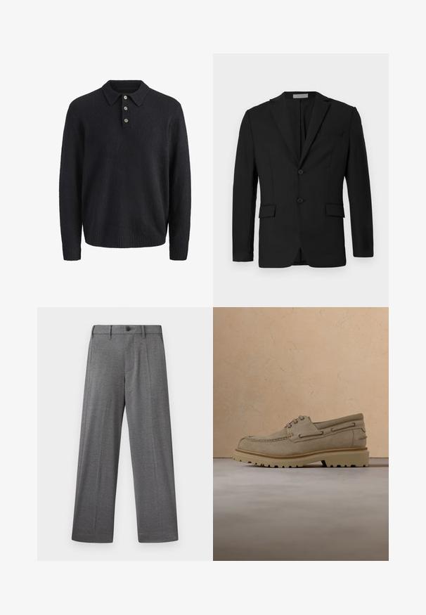 Sort blazer lavet af glat stof, med to-knaps lukning, klippede revers og to frontlommer samt en brystlomme.; Mørkeblå langærmet strikket sweater med krave og tre knapper ned foran.; Grå bukser med vide ben i struktureret stof med knappelukning, sidelommer og skarpe pressede folder langs benene.; Beige ruskind casual snørestøvle med tyk, rillet sål, vist i luften over matchende beige struktureret overflade og baggrund.