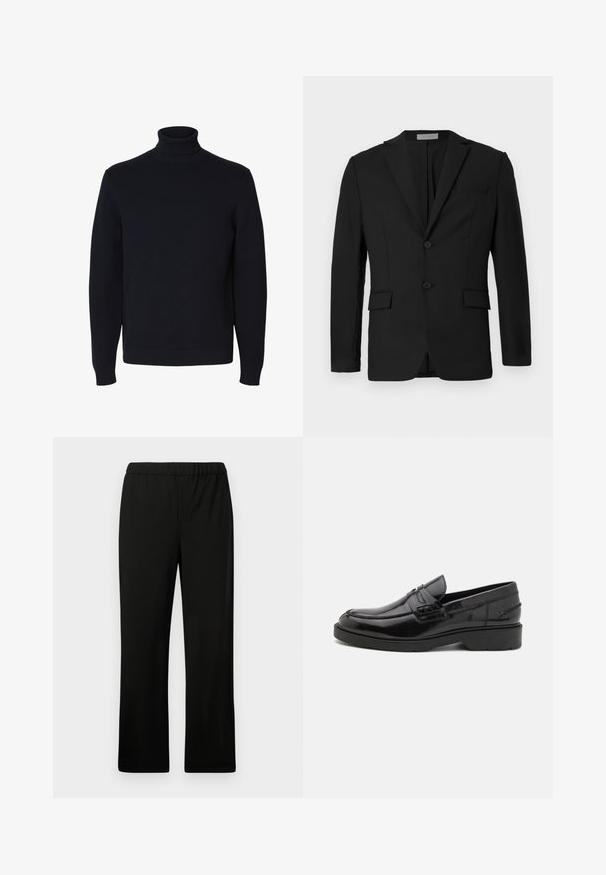 Blazer noir en tissu lisse, avec une fermeture à deux boutons, des revers crantés et deux poches avant avec une poche poitrine.; Pull noir en maille à col roulé et manches longues avec poignets et ourlet côtelés, présenté sur fond blanc.; Pantalon noir à taille élastique avec une coupe droite. Réalisé en tissu lisse, sans motifs ni embellissements visibles.; Mocassins en cuir noir avec une finition lisse, un bout rond, un petit talon et descoutures décoratives à l'avant. Semelle en caoutchouc pour l'adhérence.