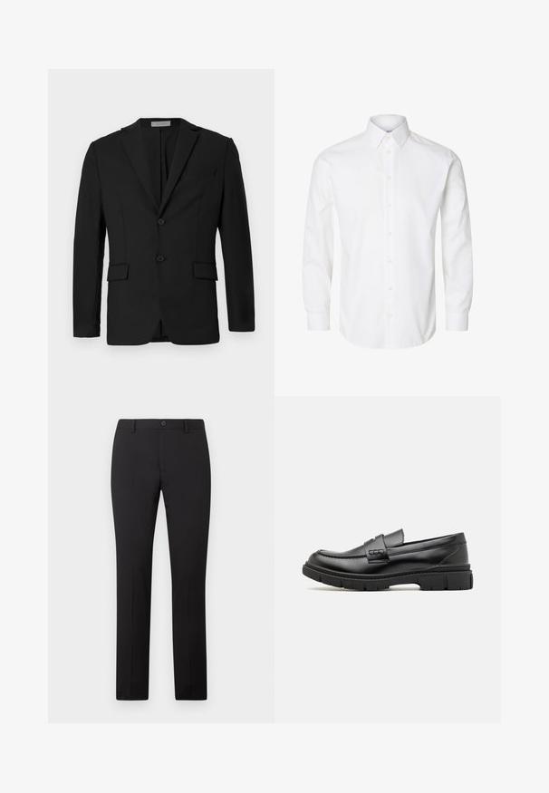 Blazer negro hecho de una tela suave, con un cierre delantero de dos botones, solapas con muesca y dos bolsillos frontales junto con un bolsillo en el pecho.; Camisa blanca de manga larga con cuello puntiagudo, botones visibles en la parte delantera y puños abotonados.; Pantalones negros a medida con diseño de pierna recta, con cierre de botón y trabillas para cinturón. Hechos de tela suave sin patrones visibles.; Mocasin de cuero negro con una cinta ancha en el empeine, suela de goma con tacos gruesos y textura suave. Diseño clásico y elegante.