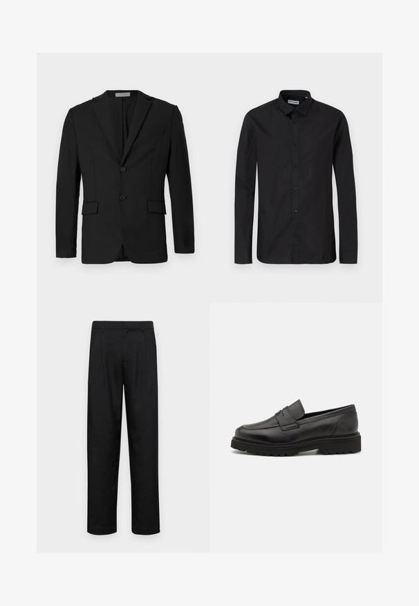 Blazer noir en tissu lisse, avec une fermeture à deux boutons, des revers crantés et deux poches avant avec une poche poitrine.; Chemise noire à manches longues avec un col classique, fabriquée en tissu lisse, dotée de boutons à l'avant et d'une coupe classique.; Pantalons noirs en tissu lisse, avec une coupe droite, deux plis avant et une taille standard avec passants de ceinture.; Mocassin en cuir noir avec un bout rond, des détails cousus, et une semelle épaisse et texturée. Présente un design élégant et minimaliste.