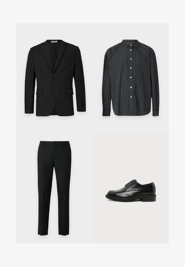 Blazer noir en tissu lisse, avec une fermeture à deux boutons, des revers crantés et deux poches avant avec une poche poitrine.; Chemise noire à manches longues avec des rayures verticales blanches fines, une poche poitrine unique, un tissu lisse et un col classique.; Pantalons noirs ajustés en tissu lisse, avec une taille soignée, des poches avant et des jambes droites étroites.; Chaussure de ville pour homme en cuir noir poli avec laçage fermé, bout rond et petit talon sur un fond clair uni.