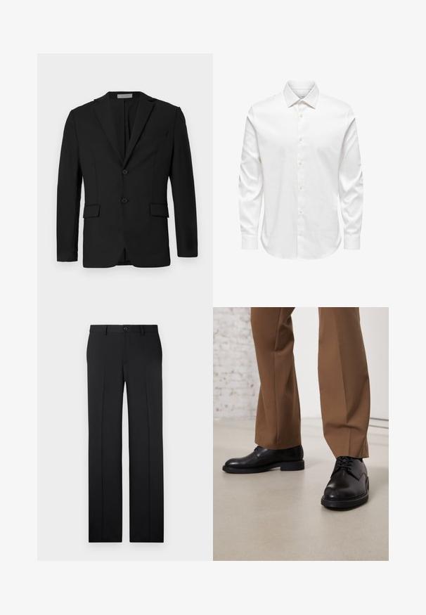 Blazer noir en tissu lisse, avec une fermeture à deux boutons, des revers crantés et deux poches avant avec une poche poitrine.; Chemise blanche pour homme à manches longues avec col pointu et rangée avant de boutons blancs sur fond uni.; Pantalons noirs ajustés avec une coupe droite, en tissu lisse, avec des plis avant et une fermeture à bouton unique à la taille.; Chaussures en cuir noir avec une surface lisse et un bout arrondi, dotées d'un système de laçage et d'une semelle plate et basse. Associées à un pantalon marron.
