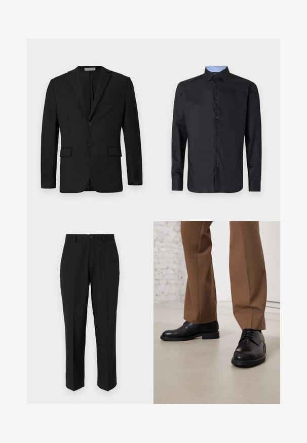 Schwarzes Blazer aus glattem Stoff, mit einem Zwei-Knopf-Verschluss, aufgesetzten Revers und zwei Fronttaschen sowie einer Brusttasche.; Schwarzes Langarmhemd aus glattem Stoff, mit durchgehender Knopfleiste, spitzem Kragen und einem hellblauen karierten Innenkragen.; Schwarze Hosen aus glattem Stoff mit geradem Bein, Fronttaschen, einem einzigen Knopfverschluss und ohne sichtbare Muster.; Schwarze Lederschuhe mit glatter Oberfläche und runder Zehenpartie, mit Schnürverschluss und einer flachen, niedrigen Sohle. Kombiniert mit braunen Hosen.