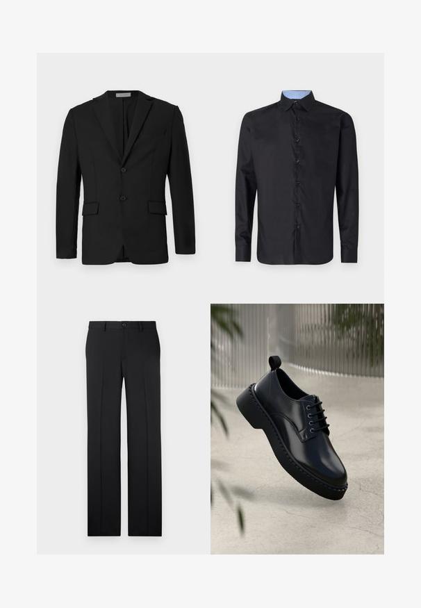 Blazer negro hecho de una tela suave, con un cierre delantero de dos botones, solapas con muesca y dos bolsillos frontales junto con un bolsillo en el pecho.; Camisa negra de manga larga, fabricada en un tejido suave, con un cierre de botones en la parte delantera, cuello puntiagudo y un interior de cuello a cuadros en color azul claro.; Pantalones negros a medida con corte recto, tejido suave, pliegues frontales y un cierre de botón en la cintura.; Zapato de piel negra con punta redondeada, diseño con cordones y suela de goma gruesa con un borde texturizado. Acabado elegante y hardware minimalista.