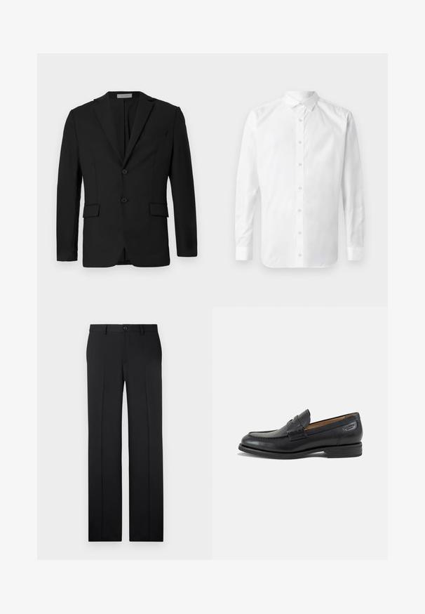 Blazer negro hecho de una tela suave, con un cierre delantero de dos botones, solapas con muesca y dos bolsillos frontales junto con un bolsillo en el pecho.; Camisa blanca de manga larga, tipo botón, con cuello clásico, placket frontal con botones y una textura de algodón suave.; Pantalones negros a medida con corte recto, tejido suave, pliegues frontales y un cierre de botón en la cintura.; Mocasín de hombre de cuero negro con detalles cosidos, tacón bajo apilado y una correa estrecha en la parte superior, mostrado de lado sobre un fondo blanco.