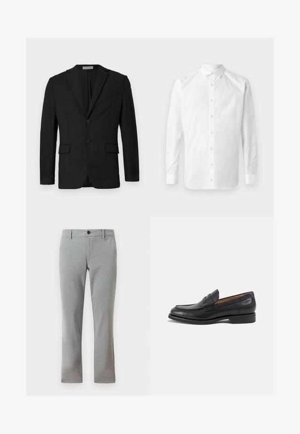 Zwarte blazer van gladde stof, met een twee-knopen front, aangeknipte revers en twee voorzakken met een borstzak.; Witte langslijfknopshirt met een klassieke kraag, een voorpand met knopen en een gladde katoenstructuur.; Heren slim-fit lichtgrijze broek met riemlussen, een voorste knoop en zijzakken, weergegeven op een witte achtergrond.; Zwarte leren herenloafer met gestikte details, lage gestapelde hak en een smalle band over de bovenzijde, zijaanzicht op een witte achtergrond.