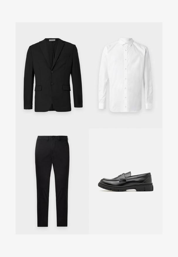 Sort blazer lavet af glat stof, med to-knaps lukning, klippede revers og to frontlommer samt en brystlomme.; Hvid langærmet skjorte med knapper, klassisk krave, frontplacket med knapper og en glat bomuldsstruktur.; Sorte slim-fit bukser med knap- og lynlåslukning, bæltestropper og uden synlige lommer, vist mod en hvid baggrund.; Sort læder loafersko med en bred rem over forfoden, gummisål med tykke mønstre og glat overflade. Klassisk, slankt design.