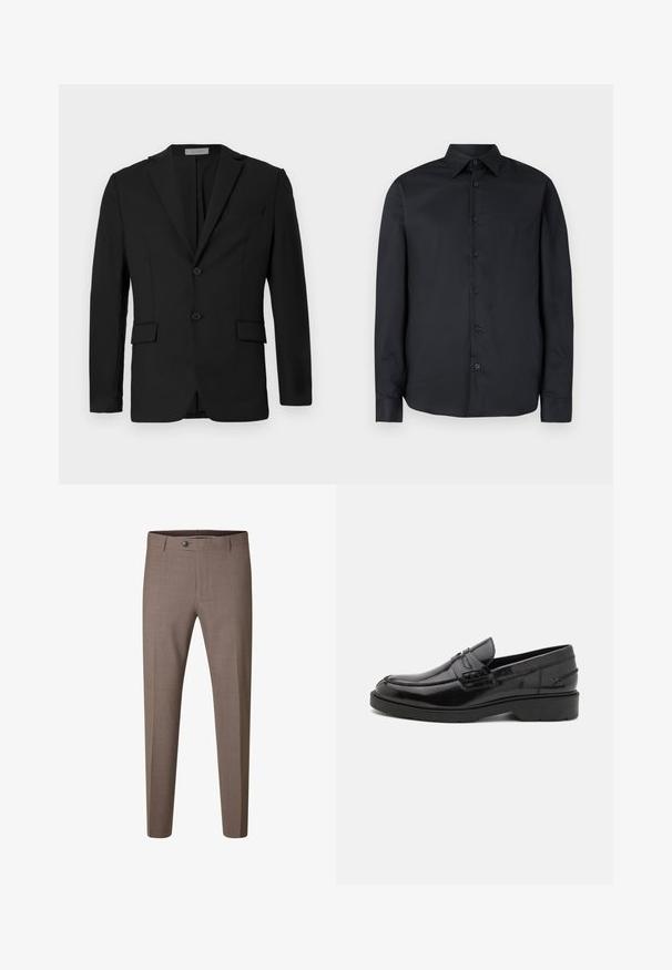 Zwarte blazer van gladde stof, met een twee-knopen front, aangeknipte revers en twee voorzakken met een borstzak.; Zwart shirt met lange mouwen en een aangesloten pasvorm, knopen aan de voorkant, klassieke kraag en een gladde textuur; heeft zeven donkere knopen.; Bruine slim-fit formele broek met knoop en riemlussen, afgebeeld tegen een witte achtergrond.; Zwarte leren instappers met een gladde afwerking, ronde neus, lage hak en decoratieve stiksels aan de voorkant. Rubberen buitenzool voor grip.