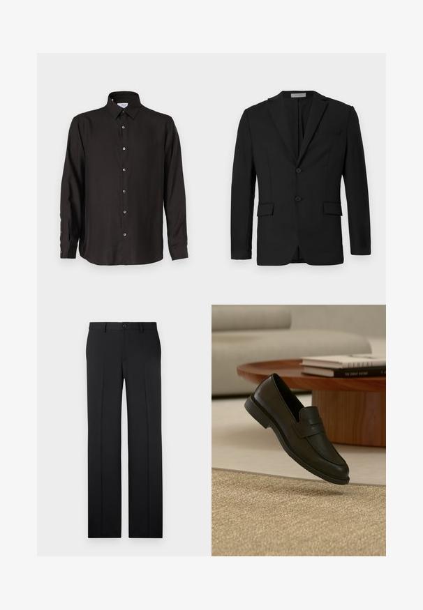 Blazer negro hecho de una tela suave, con un cierre delantero de dos botones, solapas con muesca y dos bolsillos frontales junto con un bolsillo en el pecho.; Camisa negra de manga larga hecha de una tela suave, con un cierre frontal de botones, collar puntiagudo y dobladillo redondeado con botones en contraste.; Pantalones negros a medida con corte recto, tejido suave, pliegues frontales y un cierre de botón en la cintura.; Zapato mocasín de cuero negro mostrado en el aire sobre una alfombra beige tejida, con una mesa de madera y libros apilados en una sala de estar con luz suave.