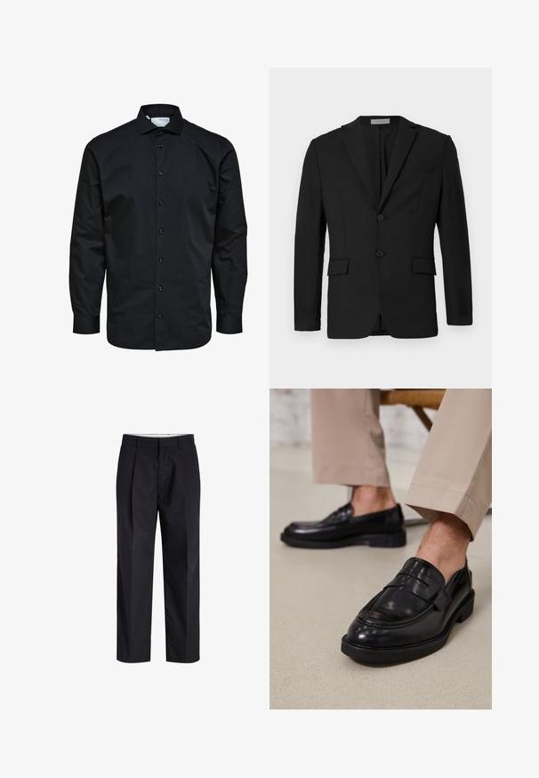 Blazer negro hecho de una tela suave, con un cierre delantero de dos botones, solapas con muesca y dos bolsillos frontales junto con un bolsillo en el pecho.; Camisa de hombre negra de manga larga con botones delanteros y cuello clásico, hecha de tela lisa.; Pantalones negros de tiro recto con cinturilla, trabillas, cremallera frontal y bolsillos laterales mostrados sobre un fondo blanco.; Mocasines de cuero negro con un acabado suave, que cuentan con una correa decorativa y costuras en contraste, combinados con pantalones beiges.