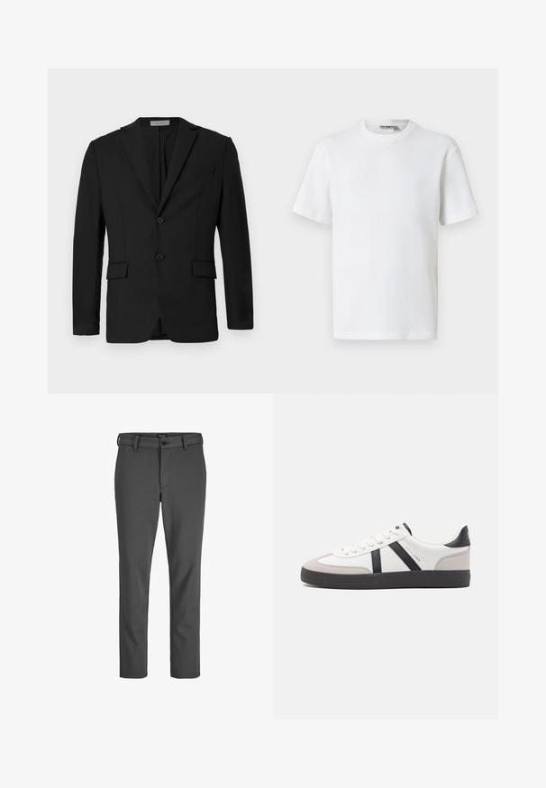 Blazer noir en tissu lisse, avec une fermeture à deux boutons, des revers crantés et deux poches avant avec une poche poitrine.; T-shirt blanc à manches courtes en maille gaufrée avec col rond, petite étiquette de marque à l'intérieur du col, présenté sur un fond uni.; Pantalons gris ajustés en tissu lisse, dotés d'une fermeture à bouton et de passants de ceinture, avec une coupe droite et sans motifs visibles.; Baskets blanches avec des accents noirs et gris, présentant un embout texturé gris, une semelle en caoutchouc noir et des lacets plats blancs. Design épuré, style minimaliste.