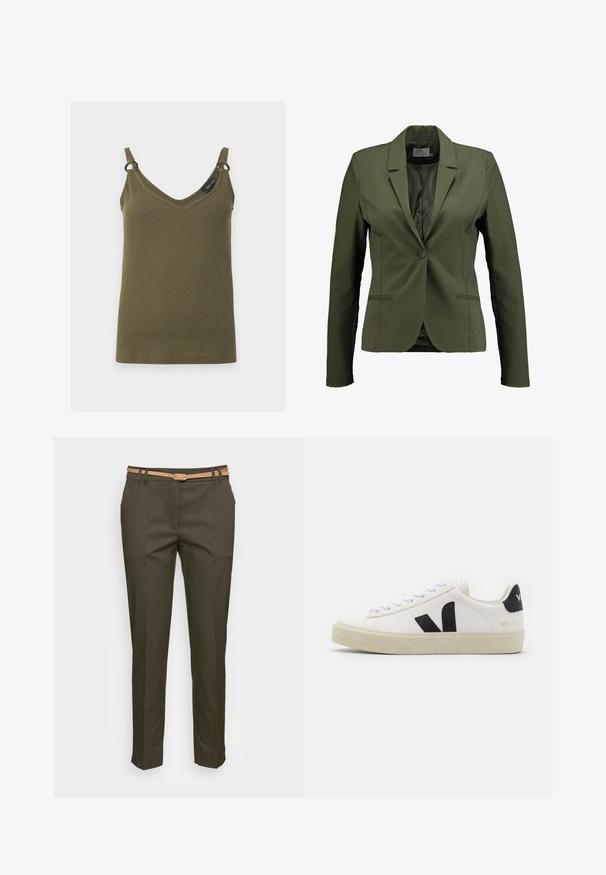 Olijfgroene blazer van soepel materiaal, met een enkele knoopsluiting, notch-lapels en zijzakken. Eenvoudig ontwerp met schone lijnen.; Kakigroene geribde tanktop met V-hals, dunne bandjes en kleine metalen ringen die de bandjes aan de top verbinden, getoond tegen een effen achtergrond.; Olijfgroene op maat gemaakte broek met een slim fit, voorzien van een tan lederen riem, riemlussen en een gladde textuur met voorplooien.; Witte leren sneaker met zwart rubberen V-logo. Getextureerde off-white zool, witte veters en een achterkant met een detail van de merknaam in het zwart.
