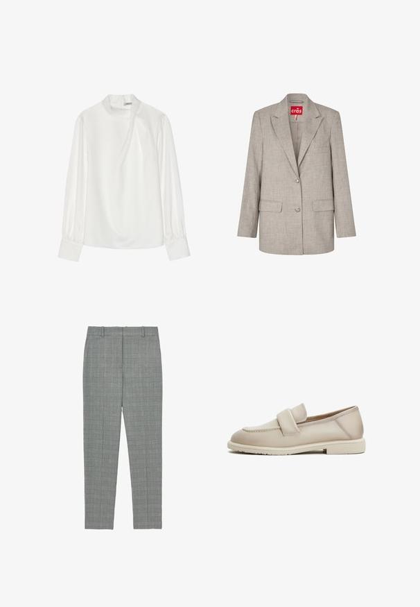 Lichtgrijze getailleerde blazer met subtiele glans, met inkeping revers, twee klepzakken aan de voorkant, borstzak en twee kristallen knopen aan de voorkant.; Witte blouse met een hoge halslijn, lange pofmouwen en een ritssluiting aan de achterkant. Glad stof met een lichte glans en subtiele val.; Grijze geruite tapered broeken met riemlussen en een platte voorkant, ontworpen voor een getailleerde pasvorm.; Beige leren loafers met een gladde textuur, met een verhoogde band over de bovenkant en een lage, platte rubberen zool.