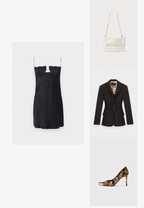 Blazer noir sur mesure avec détail corset cintré à la taille et doublure à imprimé animal, doté de fermetures à crochets dorés et de poches à rabat.; Mini-robe noire avec un buste structuré en forme de coquillage, fines bretelles spaghetti et une découpe en forme de trou de serrure sous le décolleté.; Chaussure à talon haut à bout pointu avec une surface noire brillante, ornée de motifs floraux dorés et d'un embout doré métallique.; Sac à main rectangulaire blanc avec bandoulière en chaîne dorée et inscription "LOVE MOSCHINO" sur le rabat avant.