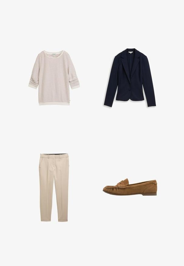 Marineblå enkeltknappet blazer med hakkede revers, lange ærmer og skræddersyet pasform, vist fladt på en hvid baggrund.; Lyserød stribet sweatshirt med trekvartærmer, rund halsudskæring og ribbede manchetter. Fremstillet af blødt stof med subtil tekstur.; Beige formelle bukser med en glat tekstur, der har sidelommer og et lige ben-design. Taljebåndet er i en kontrasterende mørk farve.; Brun mokkasinsko i ruskind med flettet detalje på overdelen og flad sål. Har minimalistisk design og glat, blød tekstur.