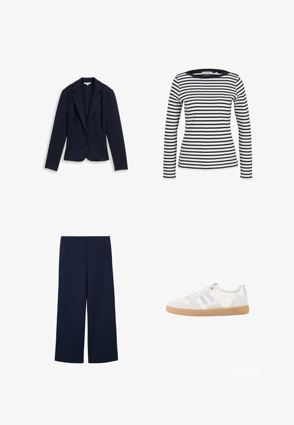 Marineblå enkeltknappet blazer med hakkede revers, lange ærmer og skræddersyet pasform, vist fladt på en hvid baggrund.; TOM TAILOR DENIM Langærmet T-shirt - navy/white; Marineblå brede bukser lavet af letvægtigt stof, med et rent design og lige snit, forsynet med sidelommer og uden synlige lukninger.; Hvid lavtop sneaker med sølvstriber, hvide snørebånd og en lys brun gummisål, vist fra siden på en hvid baggrund.