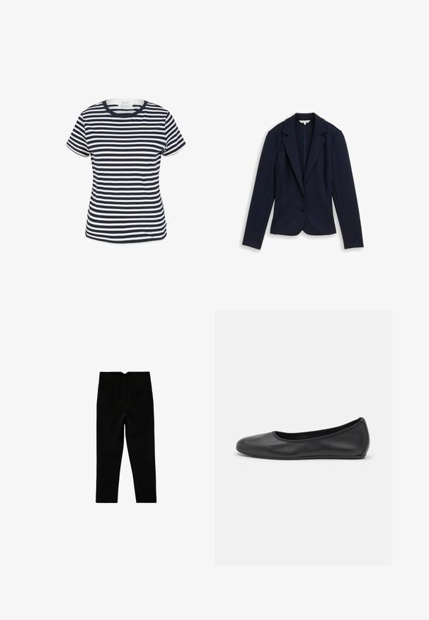Marineblå enkeltknappet blazer med hakkede revers, lange ærmer og skræddersyet pasform, vist fladt på en hvid baggrund.; Marineblå og hvid stribet t-shirt lavet af økologisk bomuld, med rund halsudskæring og korte ærmer, samt en lige kant forneden.; Sorte skræddersyede ankelkorte bukser med sidelommer og let tilspidset ben, vist fladt på en hvid baggrund.; Sort læderballetsko med rund tå, glat tekstur, minimal syning og et fleksibelt såldesign.