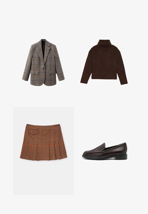 Brun ternet blazer lavet af tekstureret stof, med en spidset krave, to for- lommer og en enkelt knaplukning.; Brun ribbet turtleneck sweater med lange ærmer og cropped silhuet, med et tykkere, struktureret strikdesign.; Brunternetternet skørt med plisseret design, orange detaljer og en sidelomme. Fremstillet af tekstureret materiale med en tætsiddende talje.; Mørkebrune læder loafers med rund tå, synlige syninger og en lav sort gummisål. Glat tekstur med minimale detaljer.