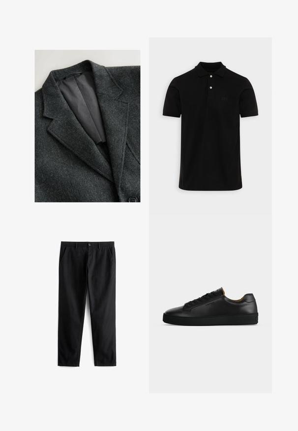 Donkergrijze gestructureerde blazer met een aangeknipte kraag, zwarte satinvoering en twee knopen aan de voorkant. Voorzien van een enkele borstzak.; Zwarte polo shirt van katoen, met een klassieke kraag, een twee-knopen sluiting en een subtiele geborduurde logo op de borst. Korte mouwen.; Zwarte broek van duurzaam materiaal, met twee voorzakken, een knoopsluiting, een platte voorkant en een recht gesneden pijp.; Zwarte lage leren sneaker met zwarte veters, gestructureerde rubberen zool en klein geperst logo aan de zijkant, zijaanzicht tegen een grijze achtergrond.