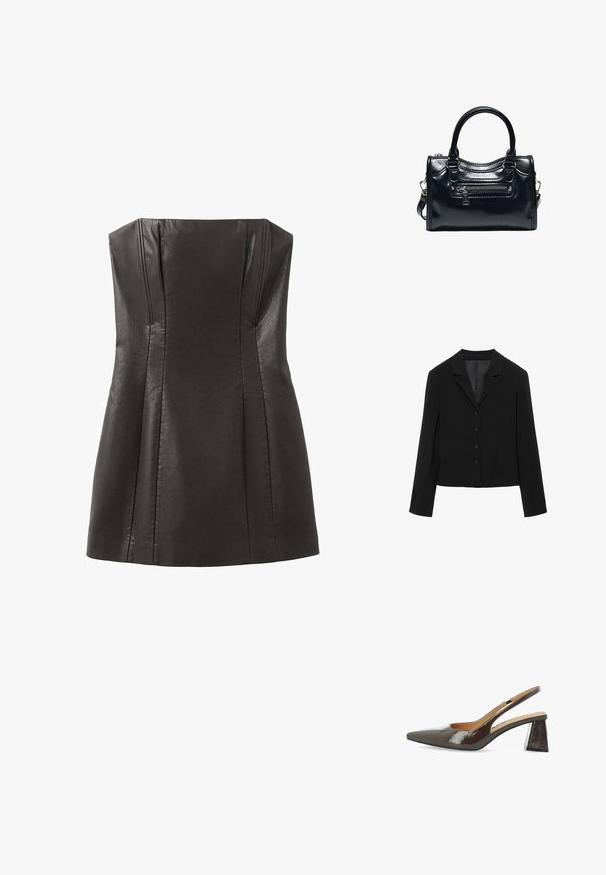Blazer noir sur mesure avec revers crantés, quatre boutons sur le devant, manches longues et ourlet légèrement court, présenté à plat sur fond blanc.; Robe noire en cuir sans bretelles avec un corsage ajusté, des plis et une texture lisse. Présente un décolleté droit et une jupe évasée.; Escarpins à talons hauts avec bride arrière en cuir verni marron foncé brillant, bout pointu, côtés découpés et talon carré.; Sac à main en cuir noir brillant avec deux poignées, poche avant zippée et bandoulière amovible sur fond blanc.