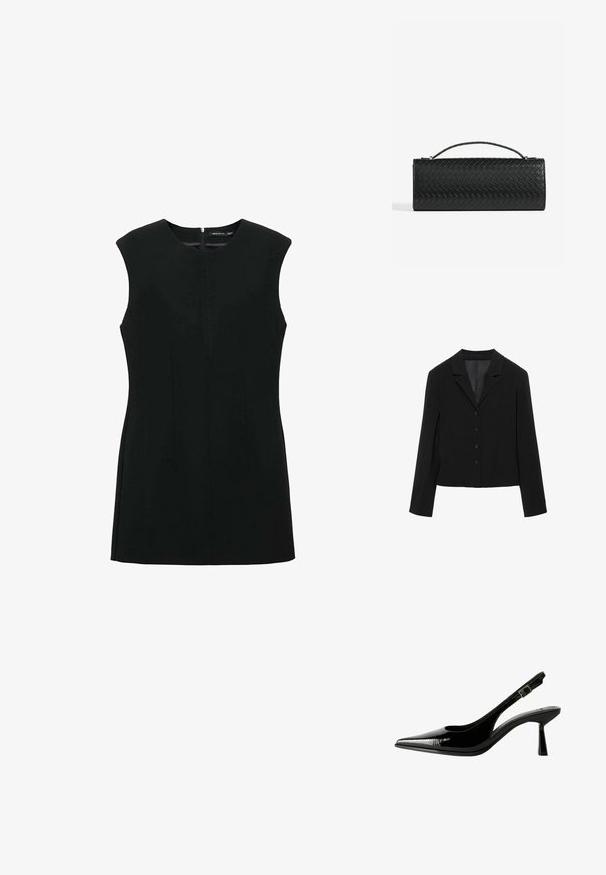 Sort skræddersyet blazer med klapkrave, fire forreste knapper, lange ærmer og en let cropped kant, vist fladt på en hvid baggrund.; Sort ærmeløs kjole med rund halsudskæring, frontlynlås og skræddersyede sømme for en struktureret silhuet. Glat stoffinish.; Sorte patenterede lædersandaletter med spids tå, udskårne sider, justerbar ankelstrop og en tynd, slank hæl.; Sort vævet læder clutchtaske i rektangulær form, med et slankt håndtag og subtile guldfarvede hardwaredetaljer.
