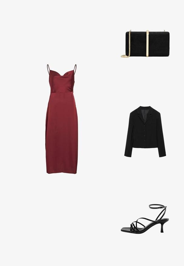 Blazer noir sur mesure avec revers crantés, quatre boutons sur le devant, manches longues et ourlet légèrement court, présenté à plat sur fond blanc.; Robe nuisette bourgogne avec des bretelles fines et réglables, un décolleté en cœur et une texture satinée lisse. Silhouette ajustée et épurée jusqu'aux genoux.; Sandale noire à lanières ouvertes à bout ouvert avec un petit talon bas et une bride à boucle à la cheville, présentant de fines lanières en cuir entrecroisées sur le dessus du pied.; Pochette en daim noir à la forme rectangulaire lisse, dotée d'un accent métallique doré et d'une bandoulière en chaîne.