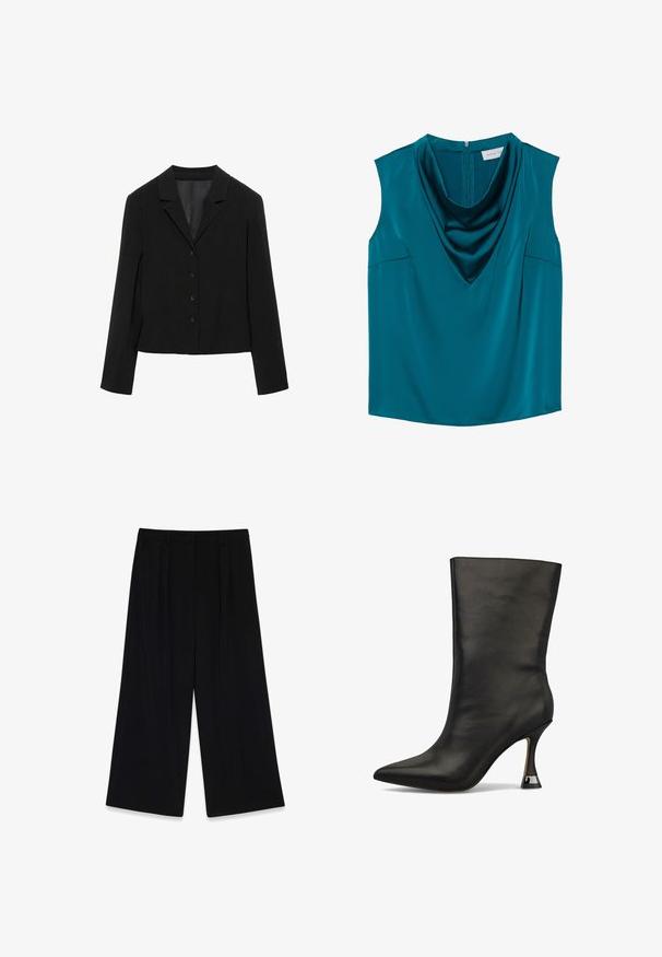 Zwarte op maat gemaakte blazer met inkeping revers, vier knopen aan de voorkant, lange mouwen en een iets ingekorte zoom, plat liggend weergegeven op een witte achtergrond.; Teal mouwloos topje met een gedrapeerde col, gemaakt van een gladde stof. Sluiting met een rits aan de achterkant en een gebogen zoom. Zijkanten met subtiele details.; Zwarte wijde broek van gladde stof, met plooien aan de voorkant, een middelhoge taille en geen zichtbare sluitingen of versieringen.; Zwarte leren enkelboot met puntige neus en mid-height sculpted hak. Gladde textuur met minimale details, geen zichtbare patronen of accenten.