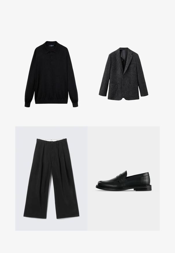 Blazer gris oscuro de tela texturizada, con solapa de muesca, cierre de un solo botón y dos bolsillos delanteros de parche.; Polo negro de manga larga hecho de tejido suave, con un collar clásico, tres botones y puños y dobladillo acanalados.; Pantalones anchos negros con pliegues, trabillas para cinturón y cierre de botón, mostrados sobre un fondo gris claro.; Mocasín penny negro de cuero para hombre con tacón bajo y apilado y puntera redondeada, mostrado de lado sobre un fondo gris claro.