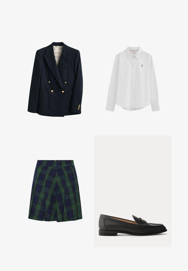 Veste croisée bleu marine foncé avec boutons dorés, larges revers, deux poches avant et une coupe ajustée.; Chemise blanche à manches longues avec col, boutonnée sur le devant, ornée d'un petit logo brodé noir représentant un joueur de polo sur le côté gauche de la poitrine.; Jupe plissée bleu marine et verte avec un motif tartan et une fermeture éclair au dos.; Mocassin en cuir noir pour femme avec un petit talon, bout arrondi et détails cousus sur la tige, vu de profil sur un fond uni.