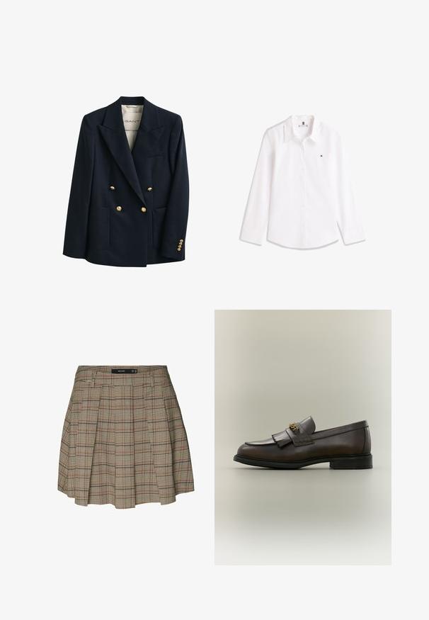 Veste croisée bleu marine foncé avec boutons dorés, larges revers, deux poches avant et une coupe ajustée.; Chemise blanche à manches longues, boutonnée, avec col et petit logo brodé sur la poitrine gauche.; Vero Moda VMELLIE Mid waist Mini - Jupe trapèze - silver mink; Mocassin en cuir marron foncé avec détail à franges et boucle dorée sur semelle noire, vu de côté sur un fond neutre.